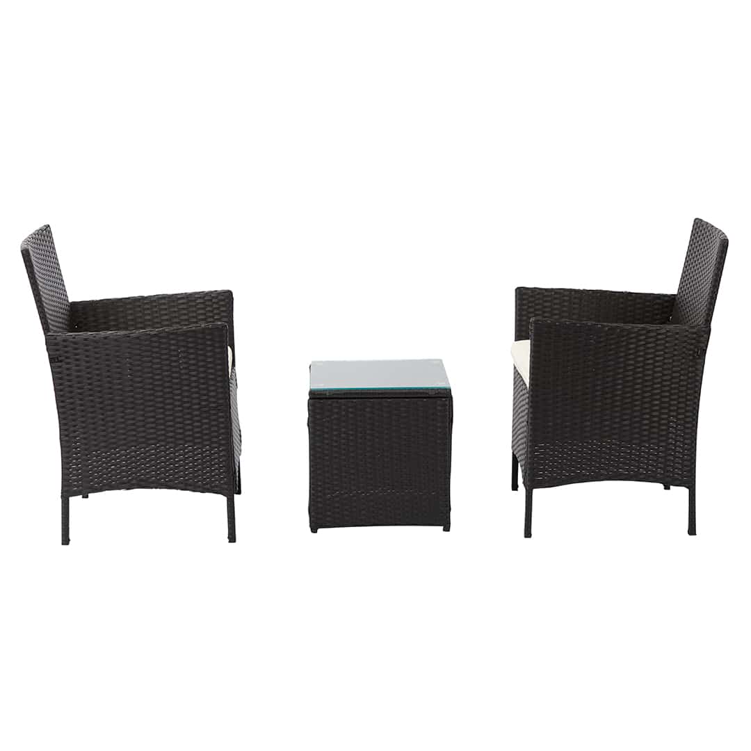 Black rattan garden furniture set with chairs and table