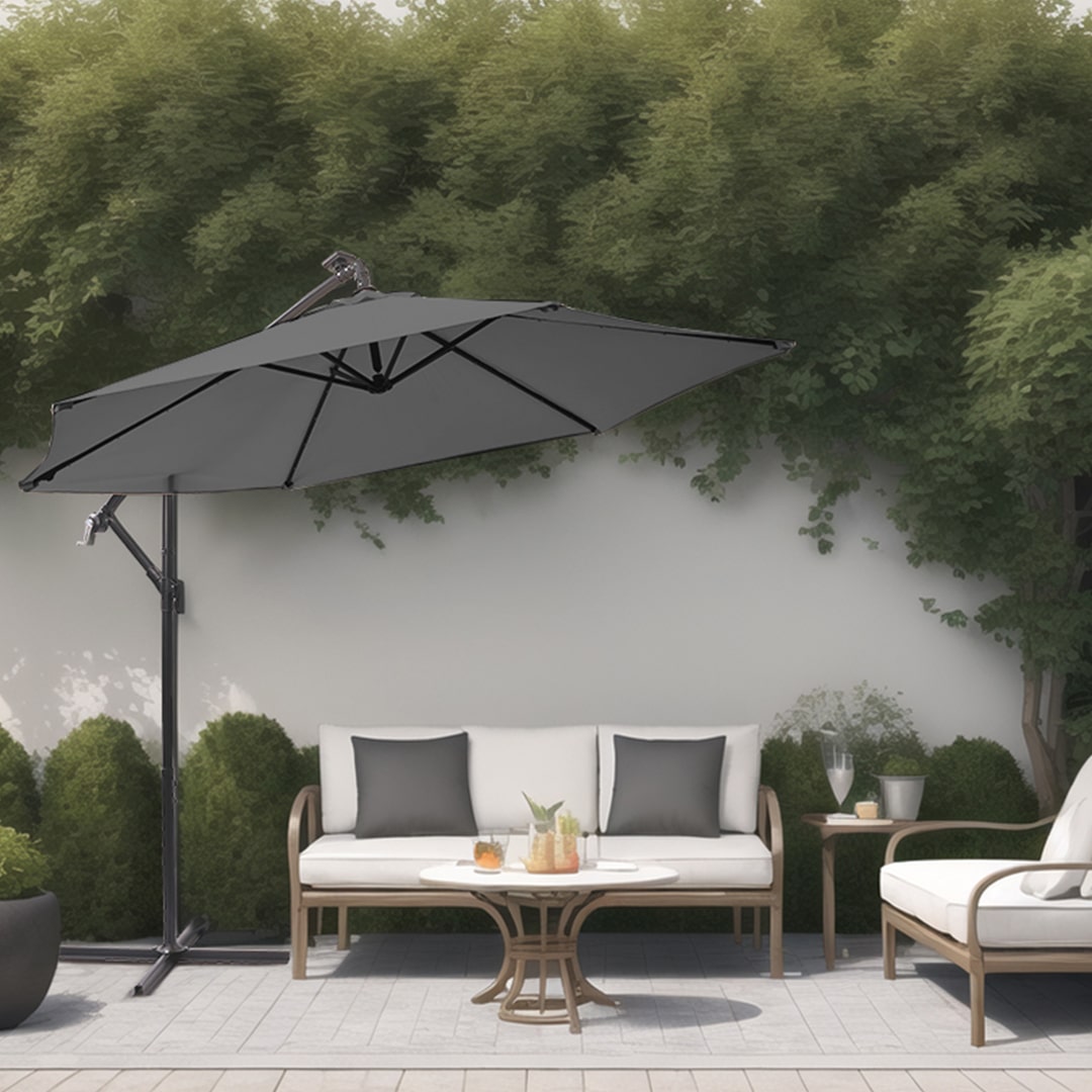 grey-coloured patio umbrella in a garden setting