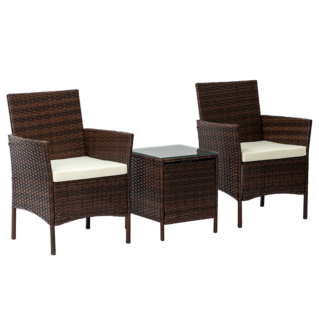 Brown rattan garden furniture set with chairs and table